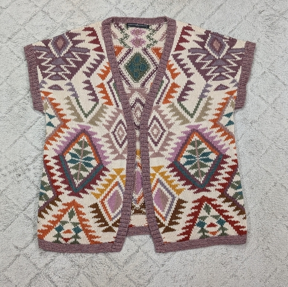 Peruvian Connection Sweater Womens M Purple Green Cardigan Aztec Knit Cotton - Picture 1 of 8